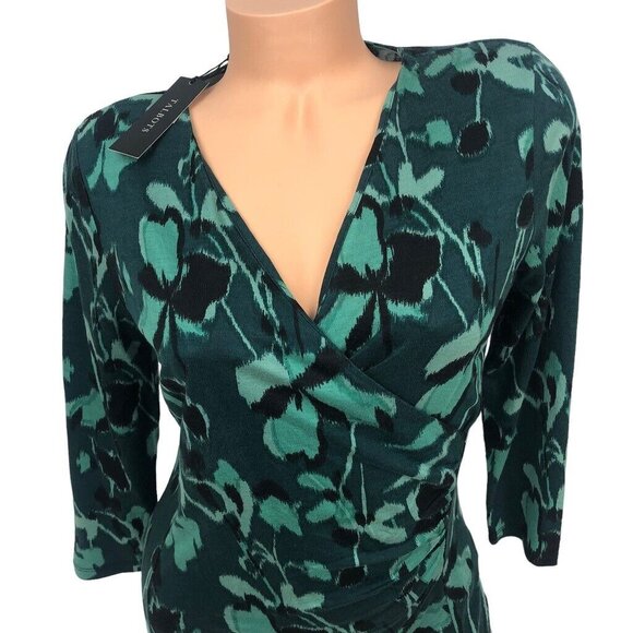 NWT Talbots Sweater Top Green Floral V Neck Faux Wrap 3/4 Sleeve Size XS - Picture 2 of 8